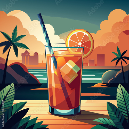 Summer Iced arnold palmer drink with Orange Slice on Tropical Beach