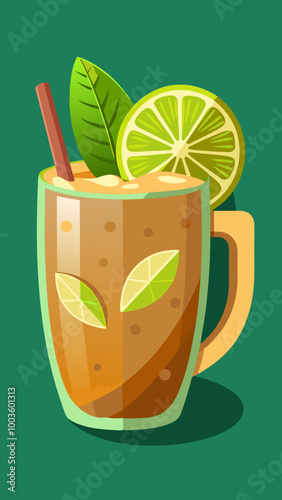 Copper Mug Filled with Citrus and Herbal Refreshing Drink, Mint Garnish, and Ice Cubes, Set Against a Summer Background