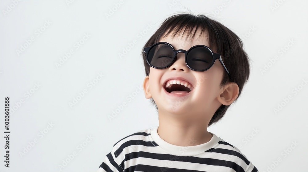 Naklejka premium Asian boy wearing black sunglasses