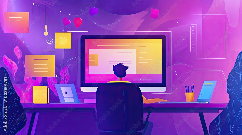 Naklejka premium Person Working at a Desk with a Computer and Papers