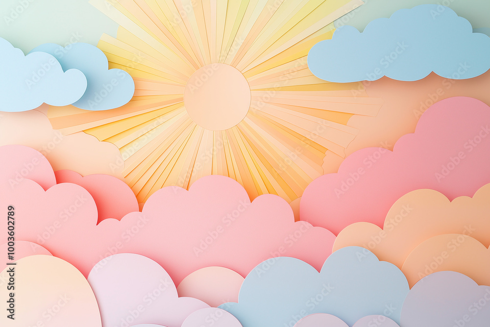 Scenic Calm: Layered Clouds and Sunrays in a Papercut Background Scenic Calm: Layered Clouds and Sunrays in a Papercut Background