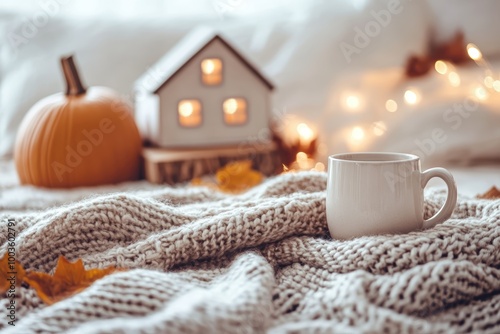 Cozy autumn comfort with warm knit blanket, pumpkin, hot drink