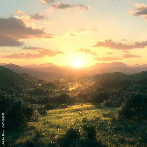 Golden Sunset Over Lush Green Valley 3D Illustration