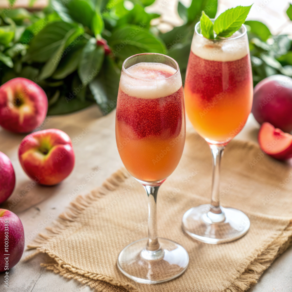 Peach Bellini in a Champagne Glass with Fresh Peach Garnish Peach Bellini in a Champagne Glass with Fresh Peach Garnish