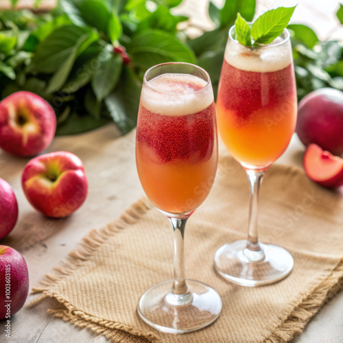 Peach Bellini in a Champagne Glass with Fresh Peach Garnish