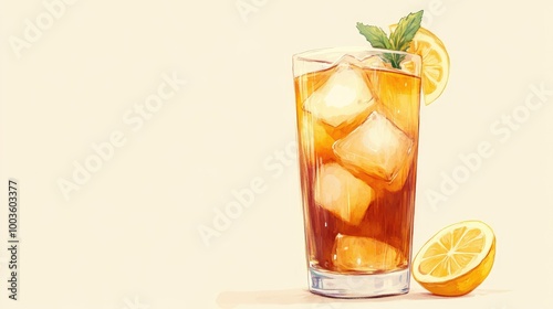 Highball glass filled with a chilled Long Island Iced Tea, ice cubes, and a lemon slice, finished with a touch of mint on a beige backdrop.