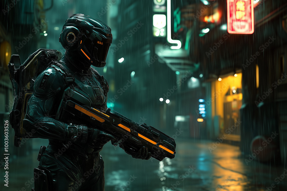 Cyberpunk Mercenary Standing in a Neon-Lit Alley, Embodying Futuristic Urban Warfare Cyberpunk Mercenary Standing in a Neon-Lit Alley, Embodying Futuristic Urban Warfare