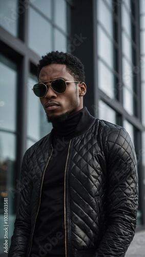 Man wearing a black quilted jacket posing with crossed arms in an urban environment