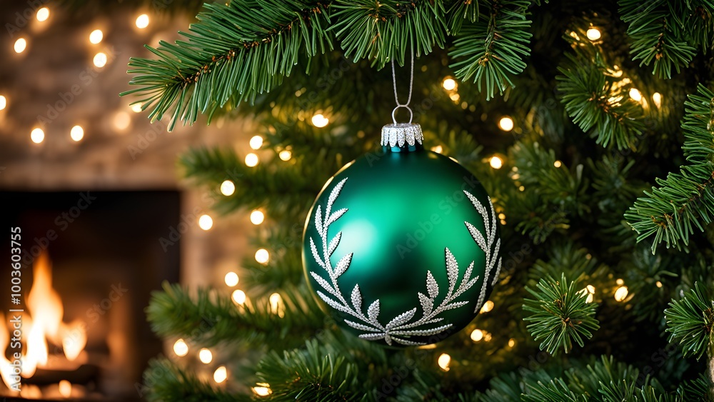 Christmas ornament hanging on a tree, with reflections of twinkling lights and fireplace flames flickering in the background
