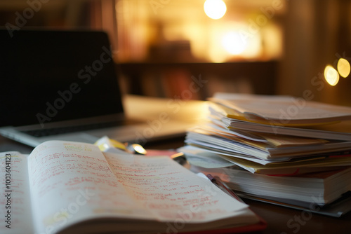 Stack of Academic Papers with Highlighted Sections Indicating Important Research Points photo