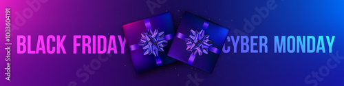 Neon glow Black Friday and Cyber Monday banner with gifts