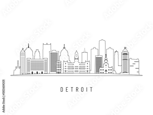Detailed Detroit skyline vector illustration. Detroit buildings in line art style, perfect for modern designs.
