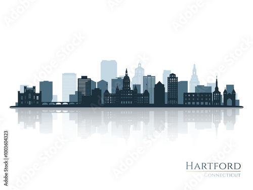 Hartford skyline silhouette with reflection. Landscape Hartford, Connecticut. Vector illustration.