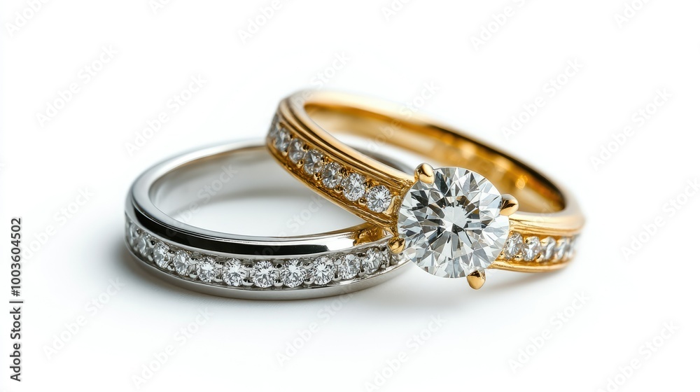 Elegant gold and silver diamond wedding rings isolated on a bright white background, showcasing their brilliance. Elegant gold and silver diamond wedding rings isolated on a bright white background, showcasing their brilliance.