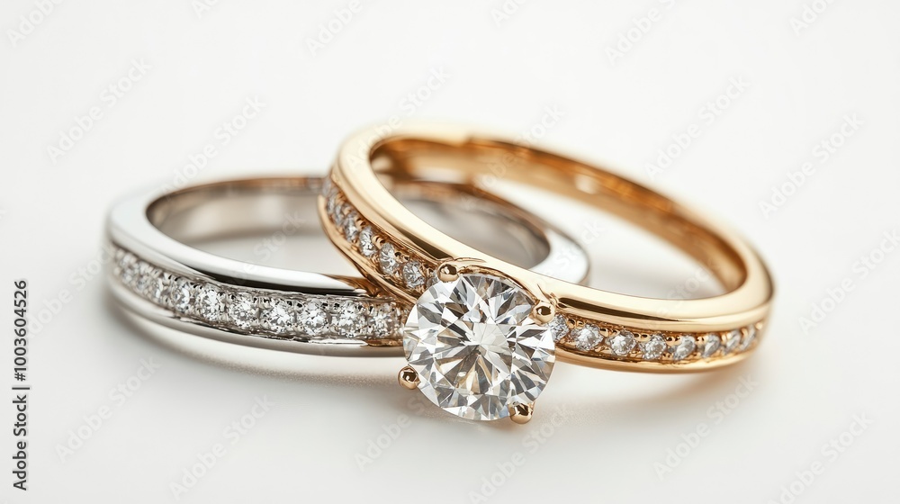 Elegant gold and silver diamond wedding rings isolated on a bright white background, showcasing their brilliance. Elegant gold and silver diamond wedding rings isolated on a bright white background, showcasing their brilliance.