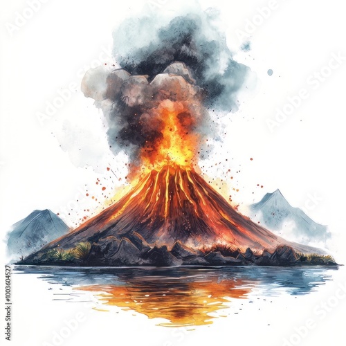 Obraz na płótnie Erupting volcano with lava and ash, white isolate background