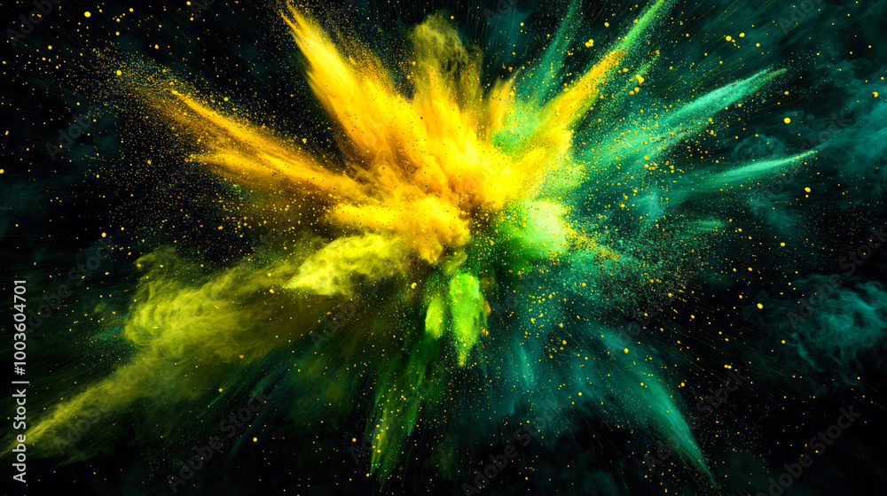 Fototapeta premium Green eco background. A colorful yellow-green-light green explosion in the black starry sky. A bright explosion of powdered holi paints