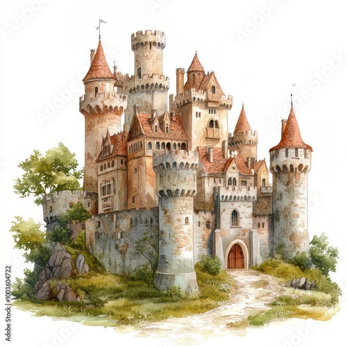 Fairy tale castle with turrets, surrounded by nature.