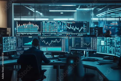 High-Tech Trading War Room with Multiple Monitors and Advanced Analytical Tools