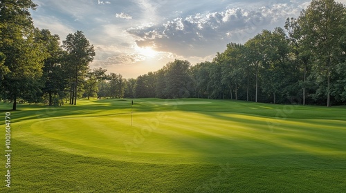 Expansive golf field with perfect green grass and a backdrop of lush woods, creating a peaceful outdoor setting.