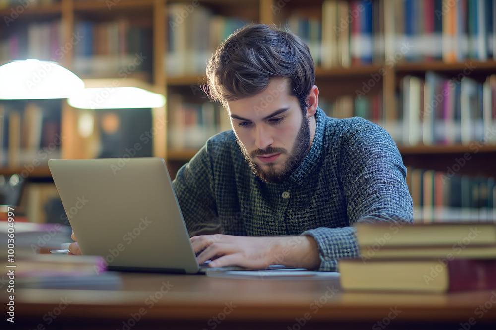 A focused college student in a library, sitting at a desk with books and a laptop, taking notes, surrounded by bookshelves in the background