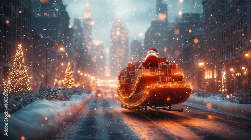 illustration of santa clauss sleigh packed with gifts, city skyline backdrop, street lights and snow, glowing edges, energetic and festive composition.