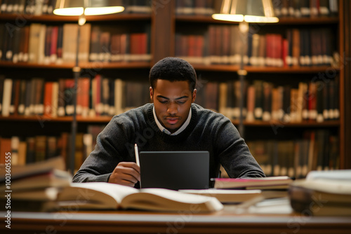 A focused college student in a library, sitting at a desk with books and a laptop, taking notes, surrounded by bookshelves in the background