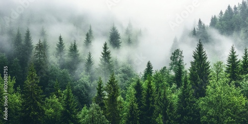 pine woodland in misty mountains