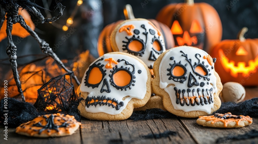 Freshly made skull-shaped cookies with eerie icing designs, surrounded by trick-or-treat props and Halloween decor.