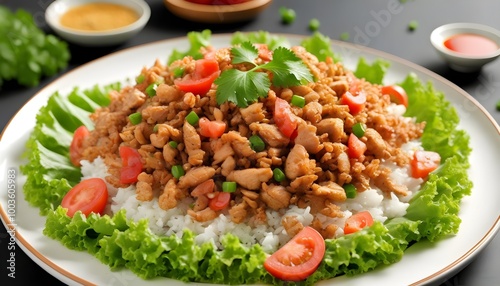 Savory fried rice with chicken elegantly plated on a pristine white dish