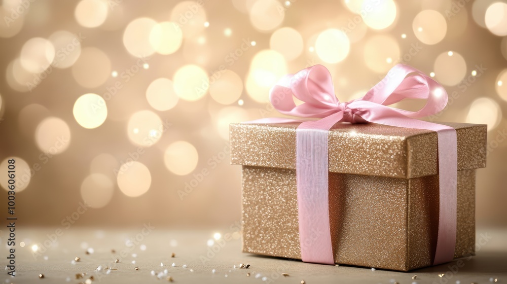 Fototapeta premium Sparkling golden gift box with pink ribbon on glittery background