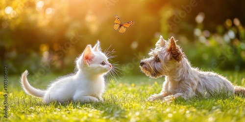 Lovely, fluffy pals In a bright summer garden, a dog and a cat manage to capture a flying butterfly.