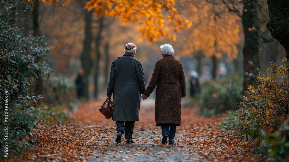 An elderly couple walks hand-in-hand through a picturesque autumn park. An elderly couple walks hand-in-hand through a picturesque autumn park.