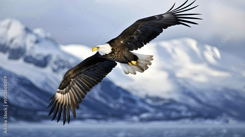 A free and powerful bald eagle gliding effortlessly through the vast open sky above. A free and powerful bald eagle gliding effortlessly through the vast open sky above.