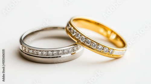 Gold and silver wedding rings with diamonds, resting against a pristine white background, radiating elegance.