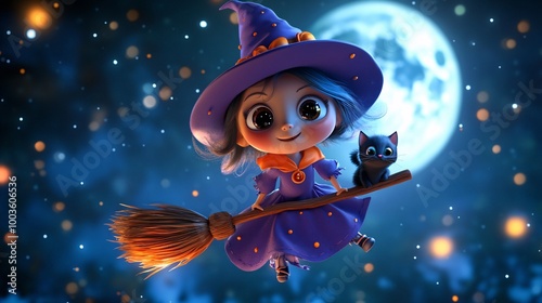 Whimsical witch flying with a cat on a broomstick photo