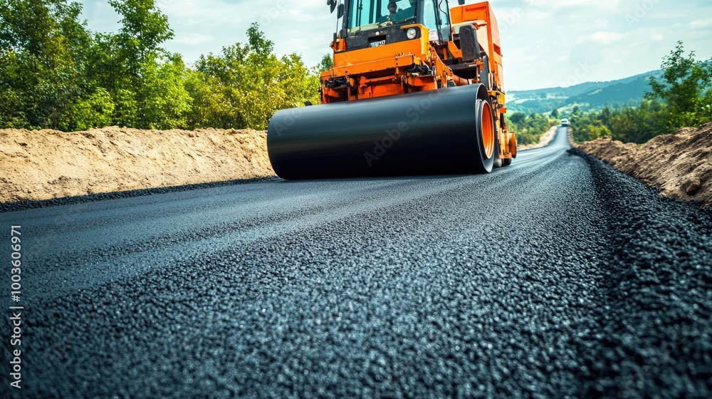 Asphalt Rool Work Heavy asphalt roller working on a new road, pushing and flattening the ...