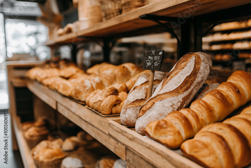 Grocery Store Bakery with Fresh Baguettes and Croissants Displayed for Sale