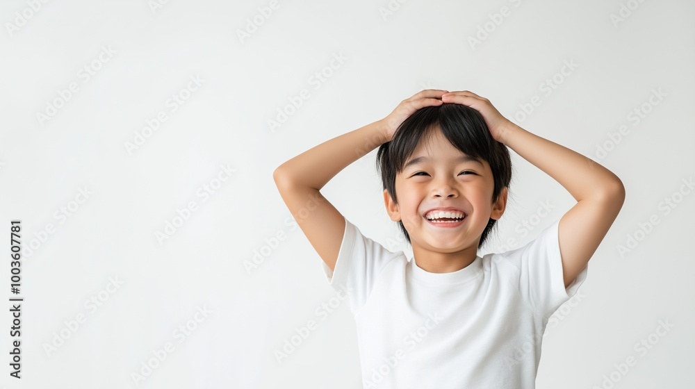 Asian boy with Hands on Head Asian boy with Hands on Head