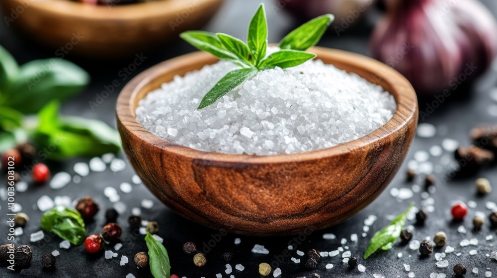 A vibrant close-up of a wooden bowl filled with coarse cooking salt, surrounded by fresh herbs and spices, showcasing the essential ingredients for flavorful dishes. A vibrant close-up of a wooden bowl filled with coarse cooking salt, surrounded by fresh herbs and spices, showcasing the essential ingredients for flavorful dishes.