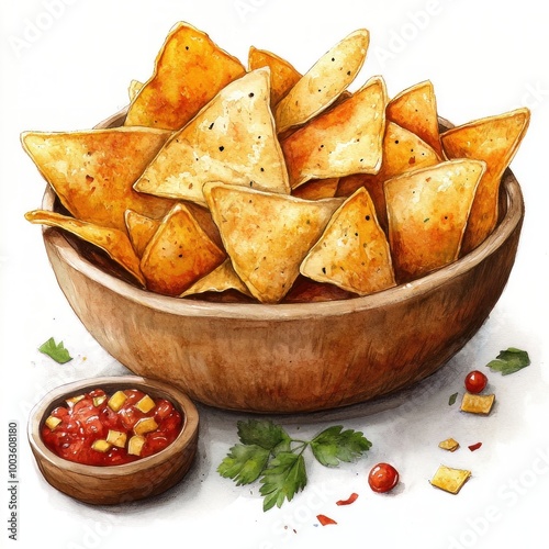 Tortilla chips in a wooden bowl with salsa dip. photo