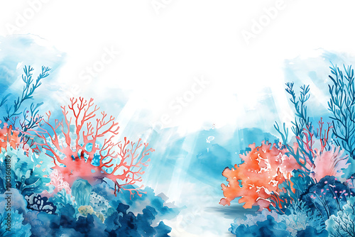 Beautiful colorful underwater world watercolor deep white background for print design.
