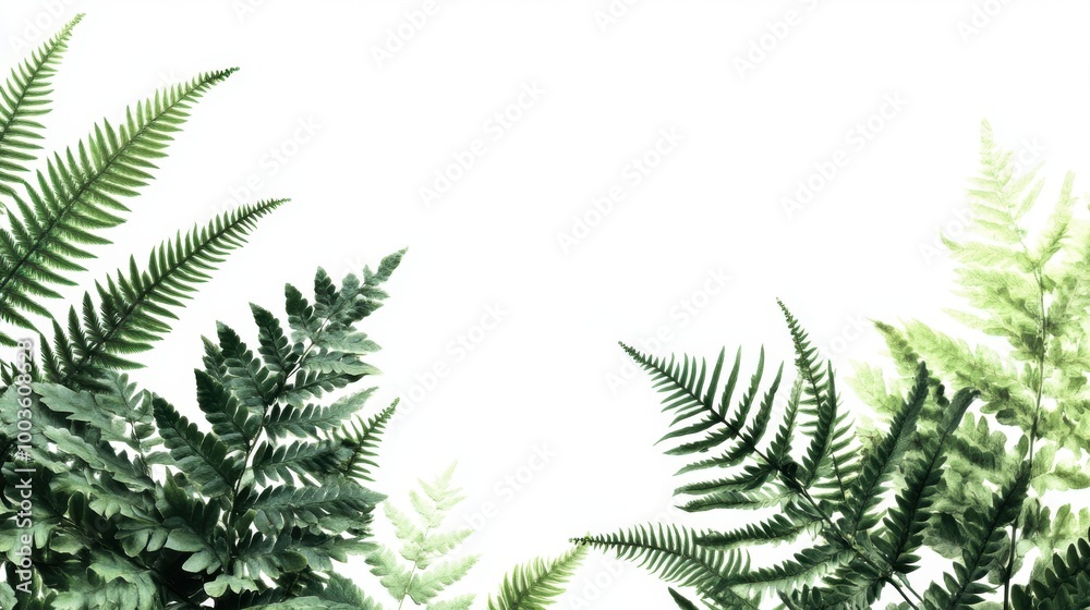 A botanical design featuring a lush, green fern with intricate fronds, set against a clean, white A botanical design featuring a lush, green fern with intricate fronds, set against a clean, white