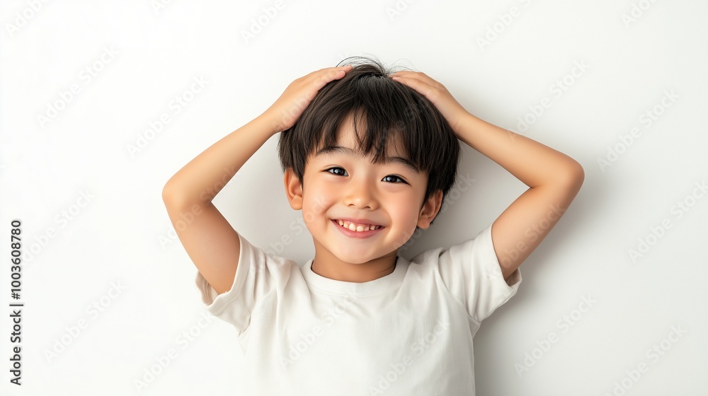 Asian boy with Hands on Head Asian boy with Hands on Head