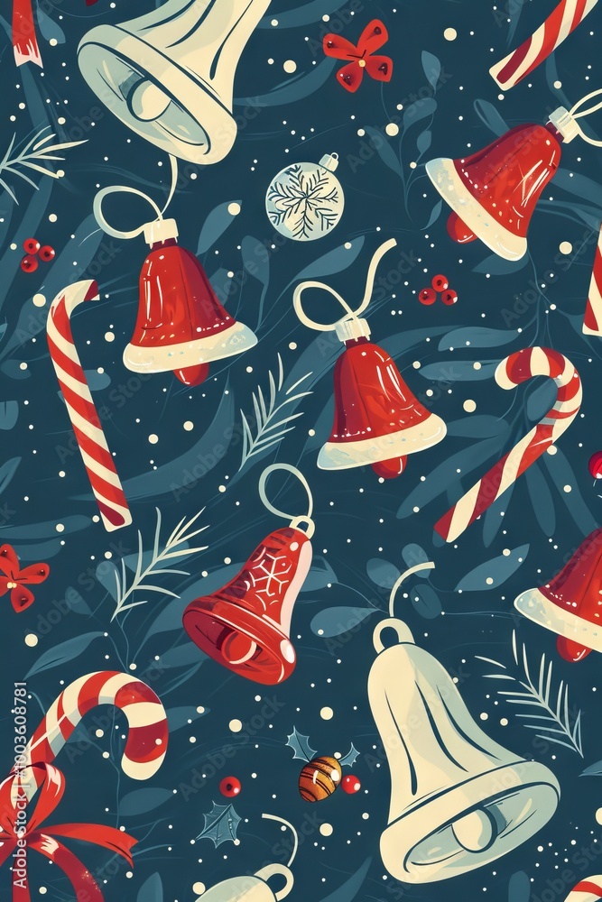 Pattern of festive bells and candy canes.
