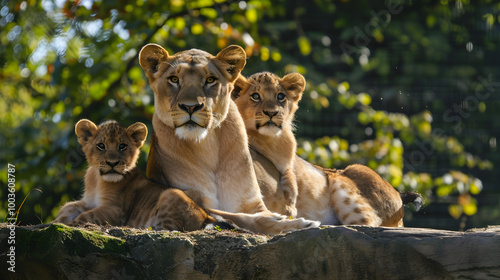 Beautiful lioness stands guard, gazing attentively to protect her cubs in the wilderness.