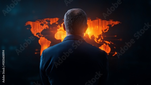 Businessman observing a world map with digital graphics in a modern office environment.