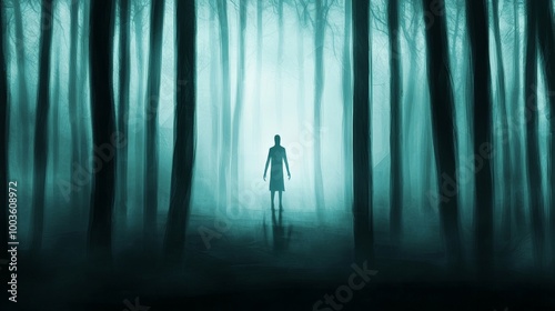 A ghostly figure drifting silently through a dense, fog-filled forest, with trees casting eerie shadows on the ground