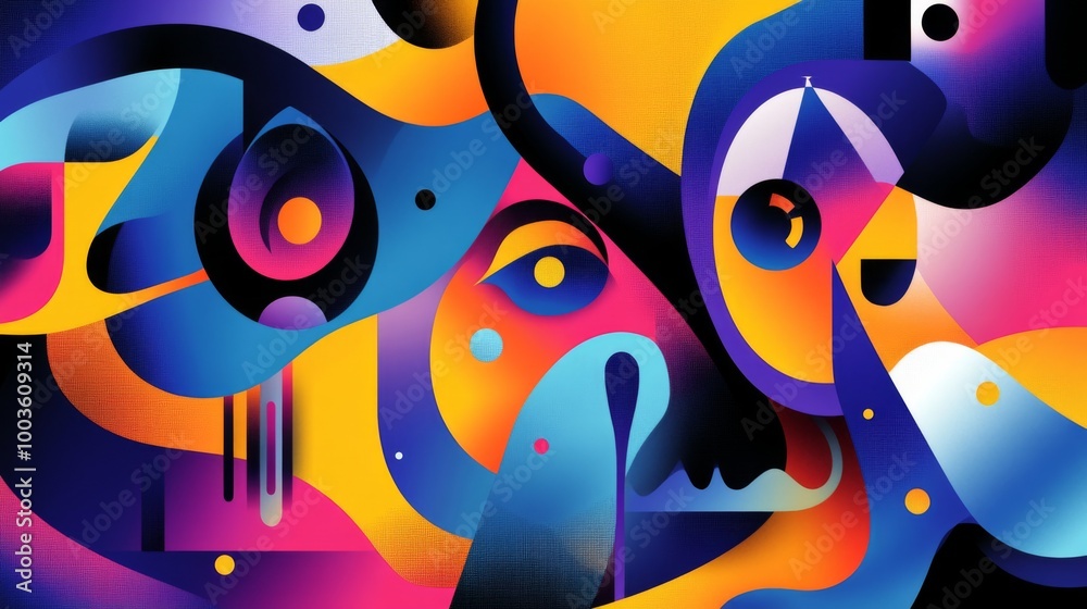 Obraz premium A vibrant digital illustration showcasing abstract shapes and colors, creating an eye-catching composition that highlights the creativity and versatility of graphic design