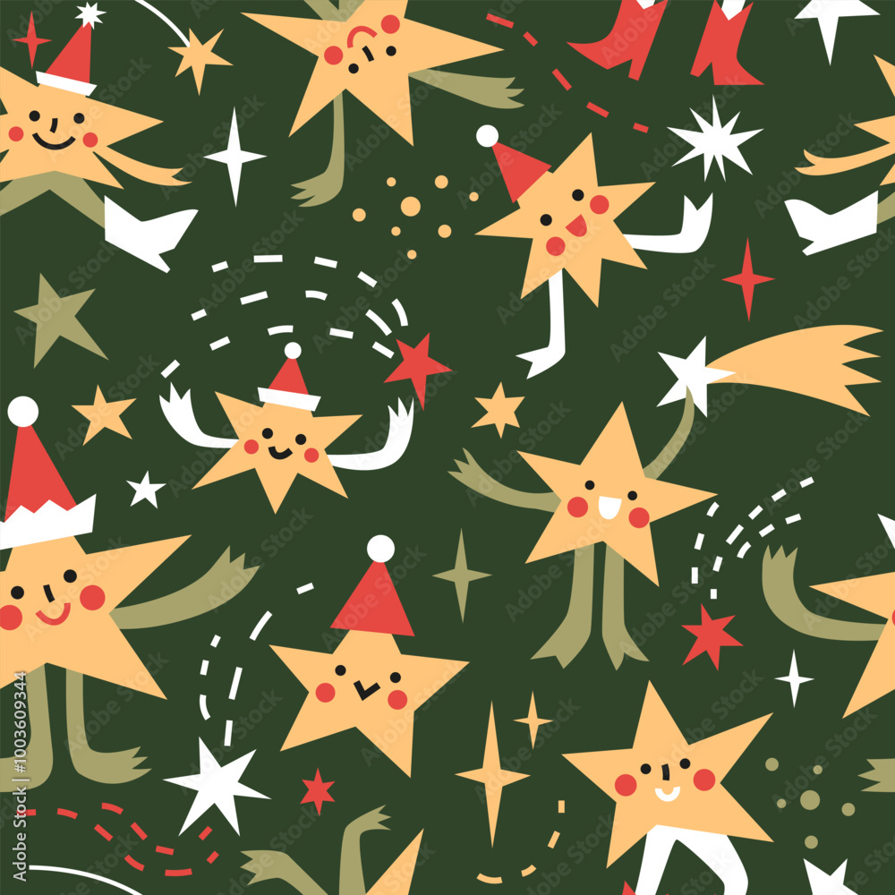 Seamless pattern with Cute abstract dancing shooting stars.  Hand drawn vector illustration. Naive childish design. Funny Christmas background, wrapping paper.